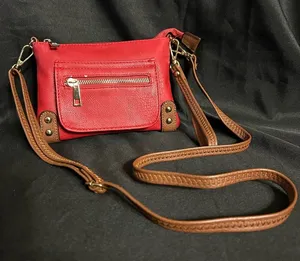 Women’s Red & Floral Crossbody Bag With Brown Strap Shoulder Purse thumbnail 1