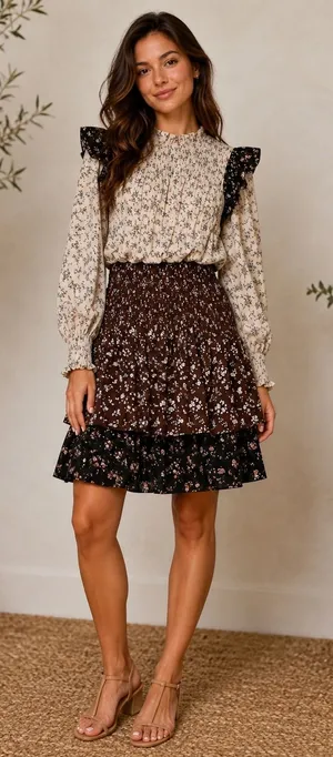 Free The Roses Floral Ruffle Mini Dress Smocked High Neck Tiered Brown Cream S‎ thumbnail 1