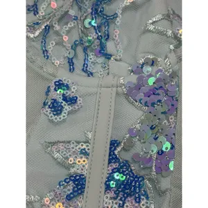 IHeartRaves Aqua Sequin Floral Embroidered Mesh Bustier Crop Top Size XS thumbnail 5