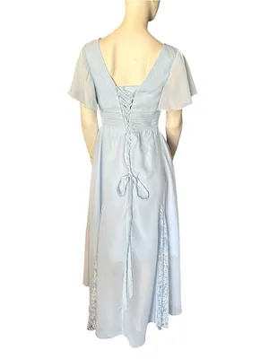 Chiffon V-Neck High-Low Midi Dress with Ruched Bodice & Lace Accents Blue Size 8 thumbnail 3