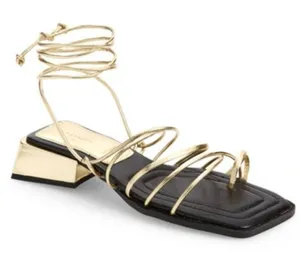 Top Shop Ankle Wrap Sandals Size‎ 6US Gold Black Square Toe Block Heel thumbnail 1