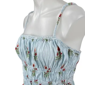 Free People We The Free Dolce Vita Blue Floral Ruffle Ruched Cami Tank Top Sz L thumbnail 2