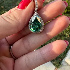 NWOT Elegant Sterling Silver 5 ct Green Pear Moissanite Halo Pendant thumbnail 1