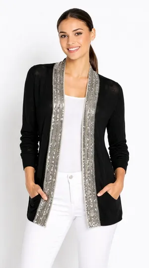 Tory Burch Cardigan Women‎ S Black Sequin Trim Linen Cotton Open Front 20103133 thumbnail 1