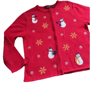 Crystal-Kobe Women's Red Christmas Cardigan Sweater Snowmen‎ Design Size Medium thumbnail 3