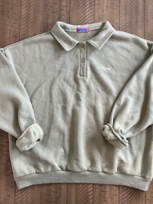 Edikted Women's Polo Collar Fleece Sweatshirt in Light Olive thumbnail 1