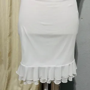 Fairy White Ruched Mesh Ruffle Hem Bodycon Lined Dress Square Neck Sleeveless‎ S thumbnail 3