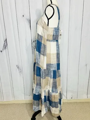 Easel Los Angeles Patchwork Midi Dress Womens Sz L Blue Tan Boho Textured NWT thumbnail 5