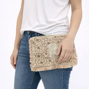 Elegant Floral Beige Clutch with Fringe Anthropologie thumbnail 1