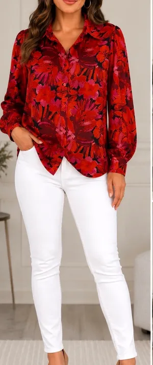 BTFBM~ Red & Pink Floral Button-Up Blouse ~ONLY~None Stretch. L thumbnail 4