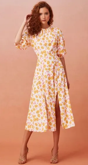Keepsake Yellow Pink Floral Short Sleeve Midi Dress Size Medium thumbnail 1