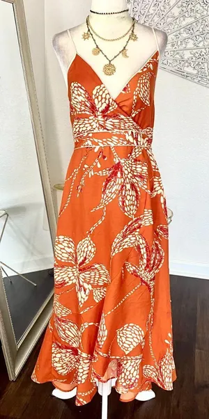 band of the free Orange Floral Wrap Midi Maxi Dress Size S thumbnail 1