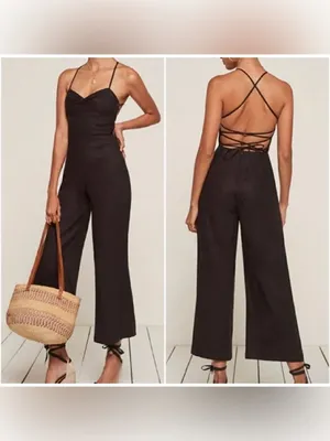 Reformation Oregano Jumpsuit Lace Up Back Linen Black Size 4 thumbnail 2