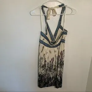 BCBGMAXAZRIA Women's Size XS Halter Sun Dress‎ Cream Blue Floral Surplice Neck thumbnail 8
