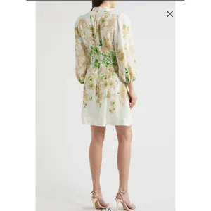Tahari Border Print Belted Long Sleeve Dress Ivory Fern thumbnail 3