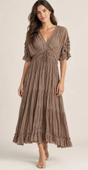 Ulla Johnson Taupe Ruched Ruffle Midi Dress Boho Size 8 thumbnail 1