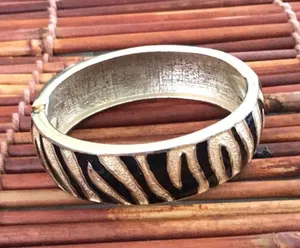 Tiger stripe hinged cuff bracelet black and gold tone thumbnail 1
