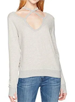 NWT Pam & Gela Rib Cross Neck Sweatshirt Heather Grey Pullover Top S thumbnail 1