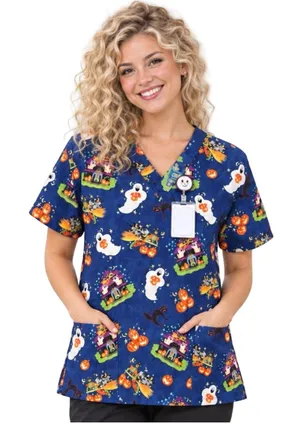 Vintage 90’s Halloween Scrub Top Small Haunted House Ghost Pumpkin Witch V-Neck thumbnail 1