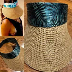 bon voyage STARBOARD NWT Wide Brim Straw Visor Hat with green leave Print Band thumbnail 3
