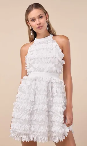 NWT Lulus Dearly Adored White Applique Halter Sleeveless Mini Dress Cocktail L thumbnail 1