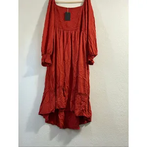 New Autumn Smocked Square Neck Flared Dress | Boho Bell Sleeve Ruffle Hem Midi L thumbnail 5