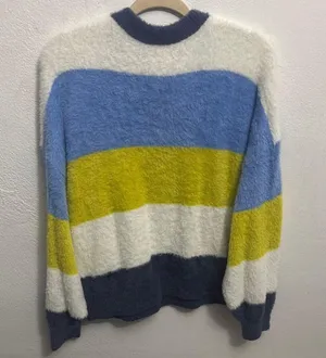 Aerie Blue and Yellow Crew Neck Sweater with Bold Stripes thumbnail 6