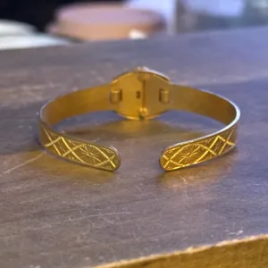 Vintage gold tone embossed red shield cross cuff bracelet thumbnail 6