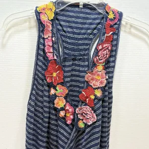 Free People Women’s Floral Embroidered Blue Stripe Frida Tank Top Size Medium thumbnail 2