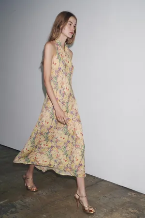 Zara floral Boho open back Halter Maxi summer vacation Dress thumbnail 12