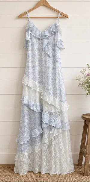 Coquette Printed Lace Mixed Ruffle Maxi Dress Medium thumbnail 1