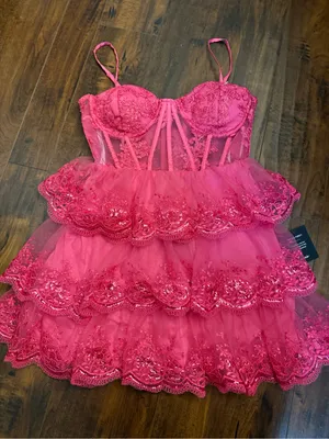 NWT Lulus Exquisite Drama Hot Pink Embroidered Sequin Tiered Mini Dress Size Med thumbnail 4