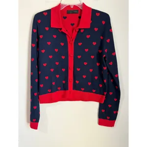 Zara Heart Print Cardigan Sweater Women M Navy Blue Red Polo Polka Dots JACQUARD thumbnail 2