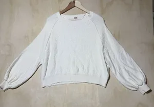 Free People Cream Knit Sweater XS Balloon Sleeve Boho Cozy Pullover Ivory Top thumbnail 1