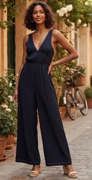Anthropologie Sancia Oda Satin Jumpsuit in Midnight Navy Blue Size Small thumbnail 1