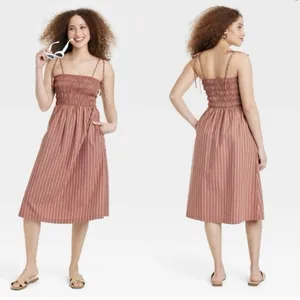 A New Day Dress Women Midi XXL Smocked Pockets Tie spaghetti Straps Pleasant thumbnail 11