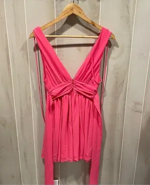Cute bubblegum pink lucy in the sky babydoll flowy tie strings deep v top thumbnail 1