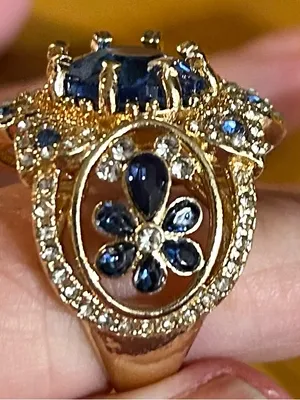 Gold-Tone Floral Halo Ring with Blue Stone - Women Jewelry thumbnail 2