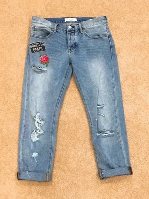 Patched distressed girlfriend jeans cropped denim thumbnail 1