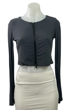 White Fox Women's Dark Gray Ribbed Knit Full Zip Long Sleeve Crop Top Size L thumbnail 1