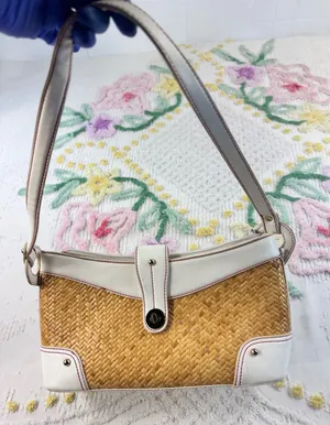 Etienne Aigner Woven Rattan Shoulder Bag White Trim‎ Polka Dot Lining 21750 thumbnail 1