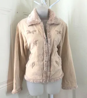 Unique 2000s y2k Tan Cream beige faux fur lined penny lane jacket coat peacoat embroidered #coquette #whimsygoth #cottagecore Size M-measurement in pics thumbnail 1