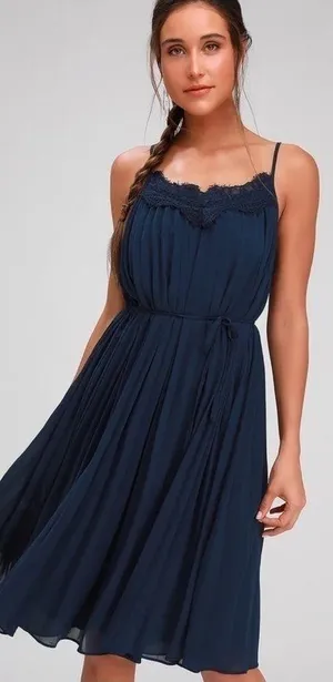 LULU’S In Celebration Navy Blue Pleated Midi Dress thumbnail 1