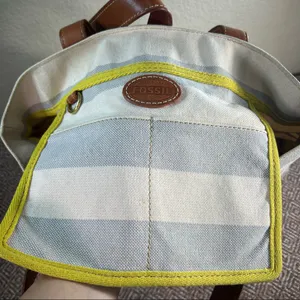 Fossil Rachel Blue Gray /Cream Coated Canvas KEY Leather Shoulder Tote Bag thumbnail 9