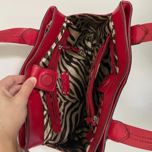 Kate Landry Red Leather Shoulder Bag Zebra Print Lining‎ Multi Compartment Tote thumbnail 5