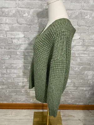 American Eagle Outfitters Olive Green V-Neck Waffle Knit Sweater thumbnail 2