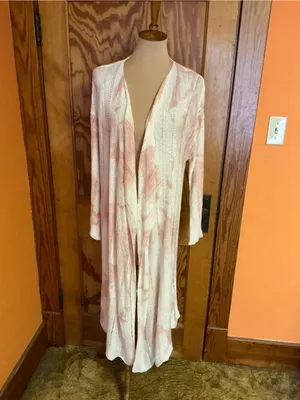 POL Long Open Front Duster Cardigan Large Pink Ivory Tie Dye Pointelle Knit Boho thumbnail 9