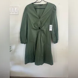 INC International Concepts Olive Green V‑Neck Mini Dress with Ring Detail thumbnail 2