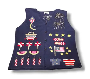 Vintage Patriotic Americana‎ Sweater Vest Fireworks Sailboats USA Flag Nautical thumbnail 1