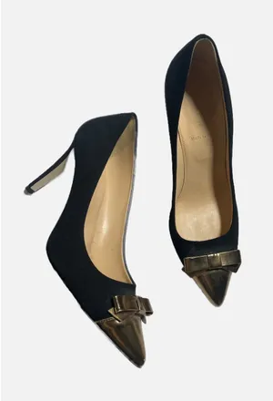 J.Crew Pumps Women 8 Black Gold Cap Toe Bow‎ Suede Stiletto Heels Made in Italy thumbnail 1